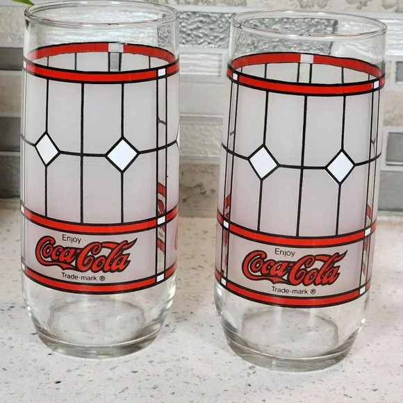 2 Vintage Coca Cola Stained Glass Window Glasses - Picture 1 of 2